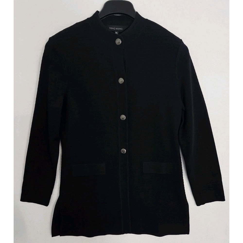Ming Wang Cardigan Sweater Jacket Medium Black Jacquard Knit Snap Closure Silver